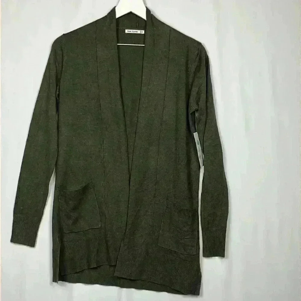 Pink Clover Womens Cardigan Dark Green XS Open Front Long Shawl Collar Chic New